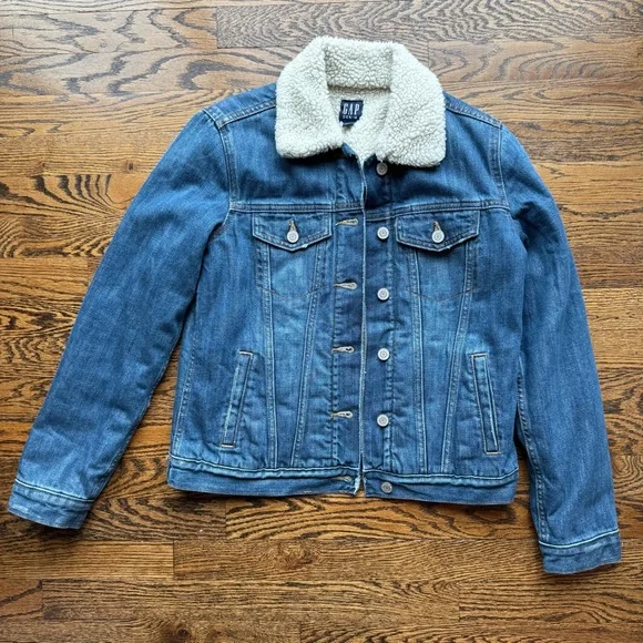 GAP Blue Denim Jacket with White Sherpa Collar and Lining S - Picture 5 of 10